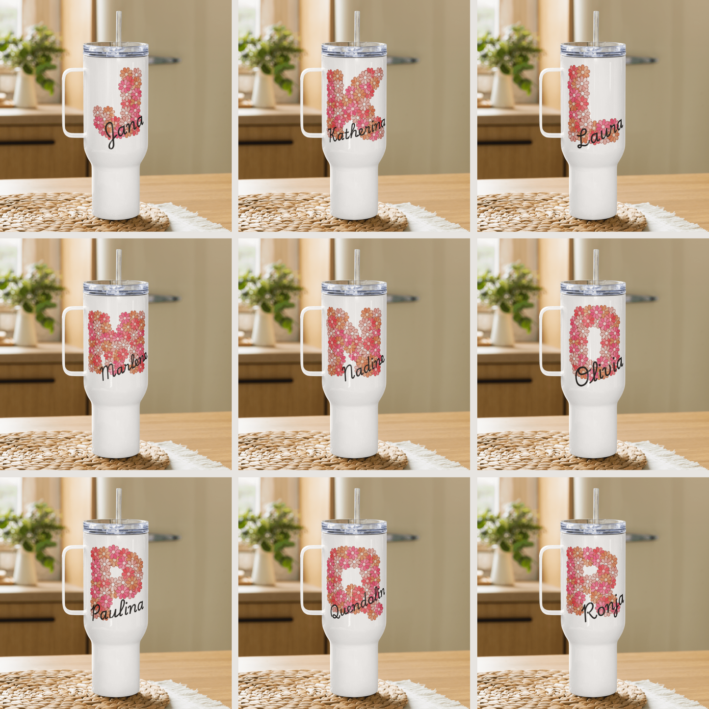 Personalized Tumbler with Floral Design + Name - 1183 ml (40 oz) Travel & Drinking Mug with Handle - Thermos Mug - Cold and Hot