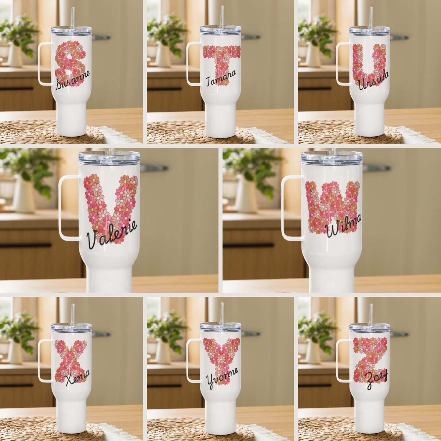 Personalized Tumbler with Floral Design + Name - 1183 ml (40 oz) Travel & Drinking Mug with Handle - Thermos Mug - Cold and Hot