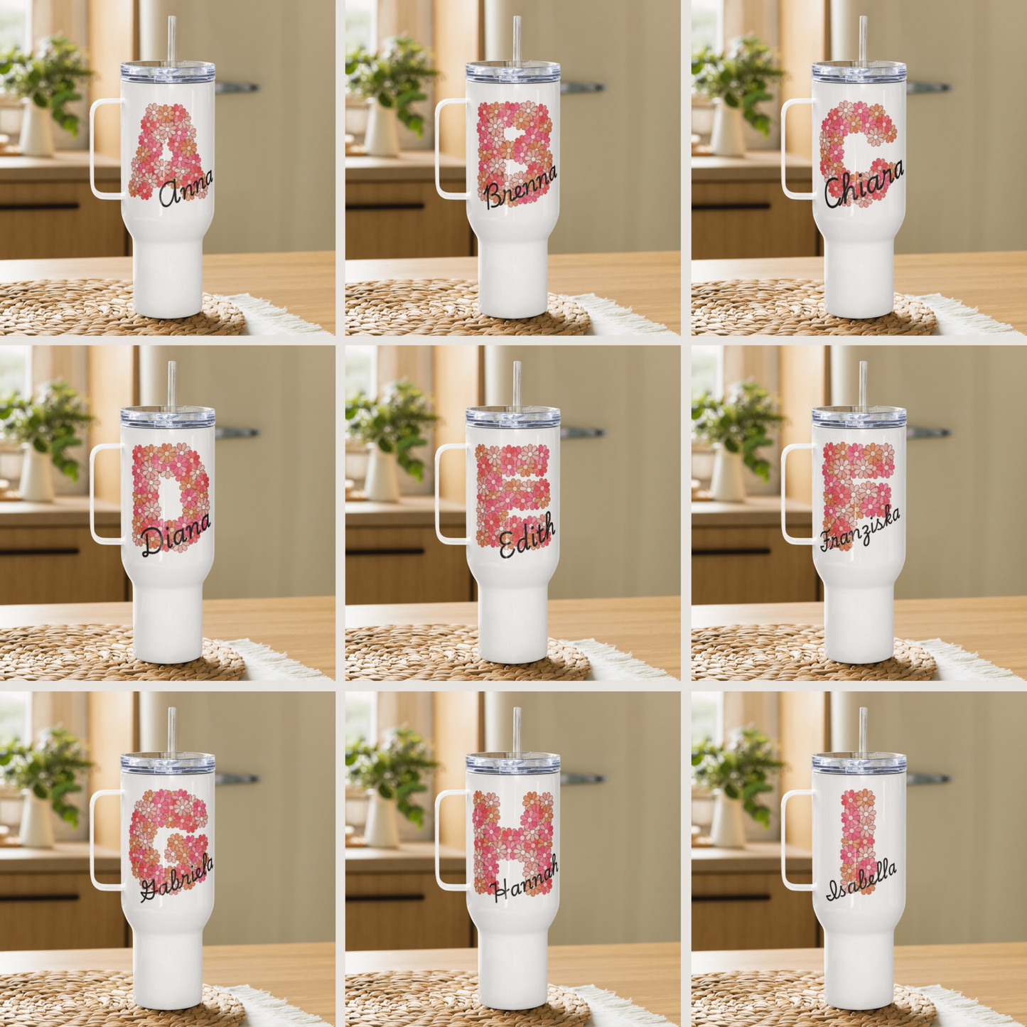 Personalized Tumbler with Floral Design + Name - 1183 ml (40 oz) Travel & Drinking Mug with Handle - Thermos Mug - Cold and Hot