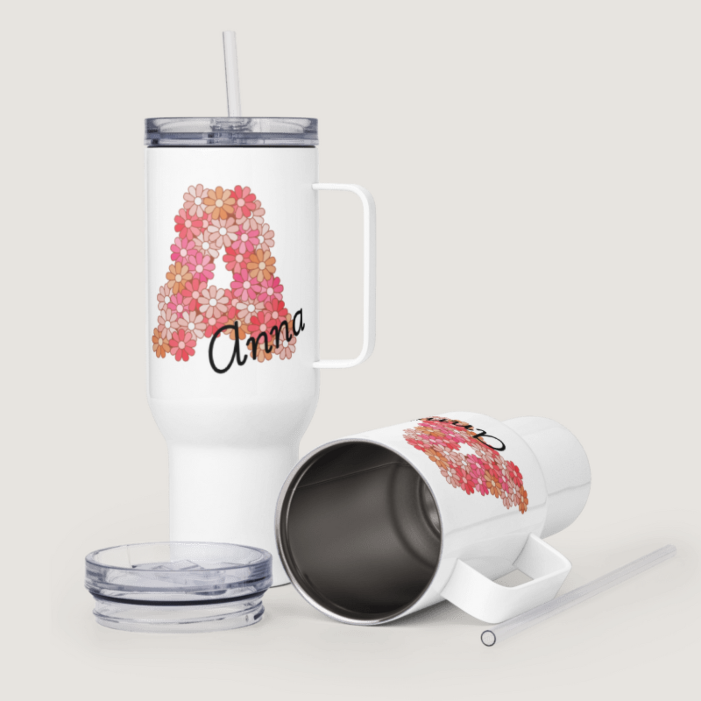 Personalized Tumbler with Floral Design + Name - 1183 ml (40 oz) Travel & Drinking Mug with Handle - Thermos Mug - Cold and Hot