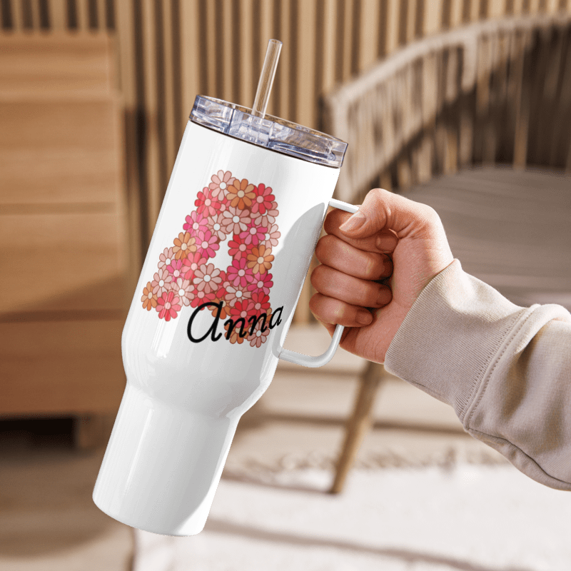 Personalized Tumbler with Floral Design + Name - 1183 ml (40 oz) Travel & Drinking Mug with Handle - Thermos Mug - Cold and Hot